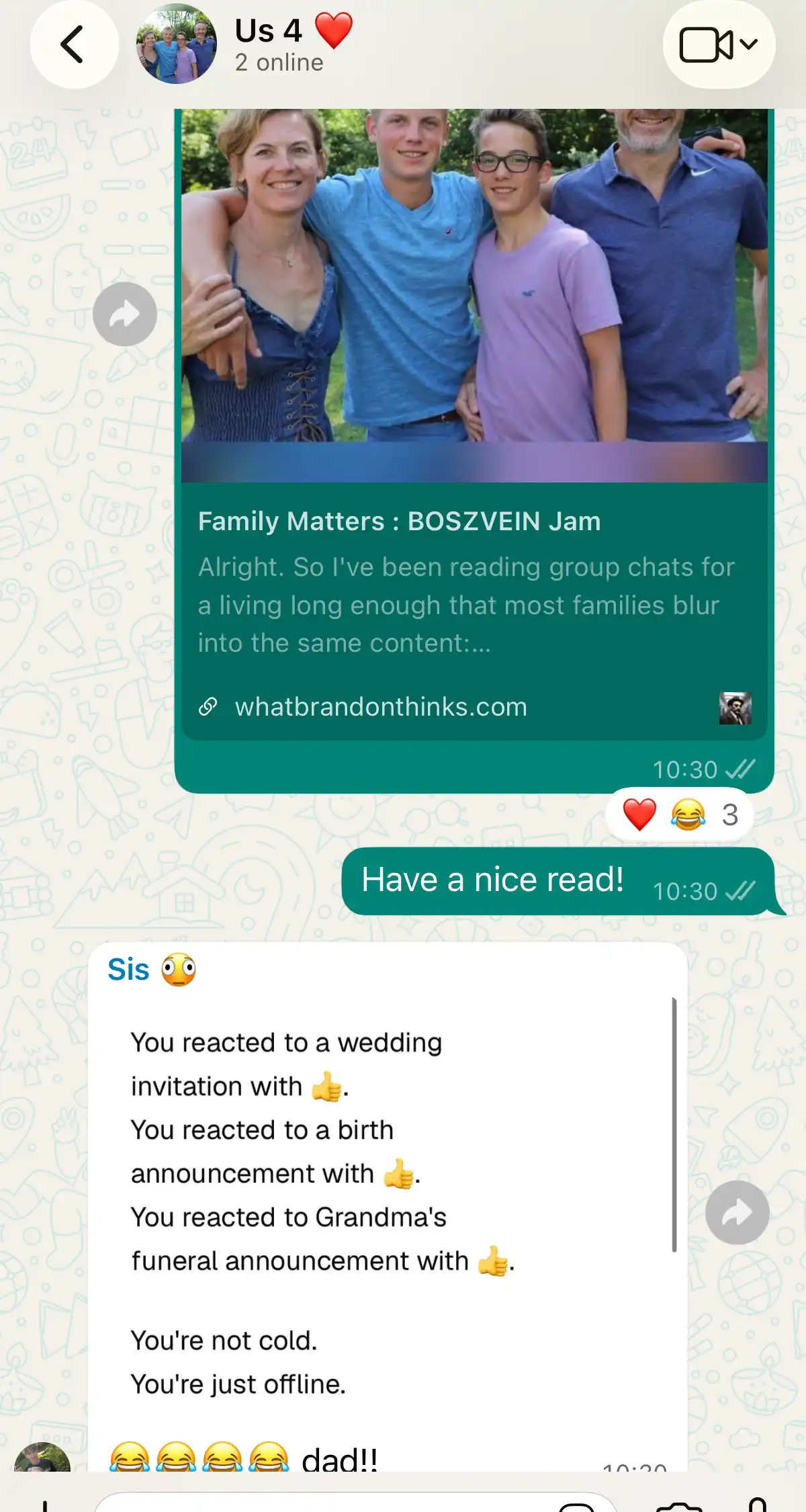 👨‍👩‍👦 Family reaction to a Brandon report